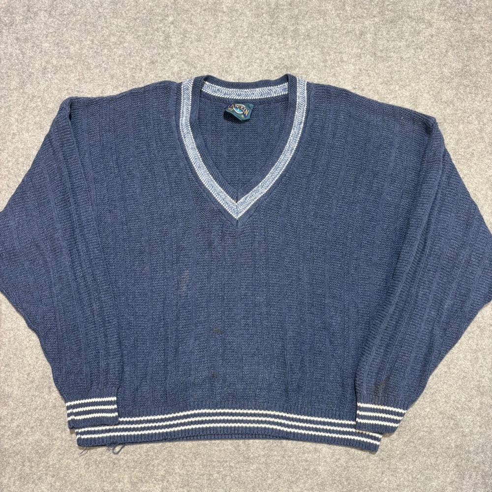 Vintage Jantzen Mens XL V-Neck Sweater Navy Blue Ribbed Knit Made in USA Sporty